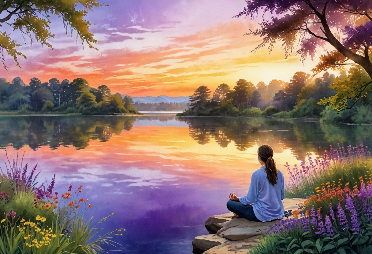 A serene landscape depicting a sunrise over a tranquil lake, reflecting vibrant colors of orange and purple. In the foreground, a person meditating with a gentle smile, surrounded by blooming flowers and lush greenery, symbolizing gratitude and inner peace. Soft rays of light illuminating the scene, creating a warm and inviting atmosphere. watercolor painting. vibrant colors.