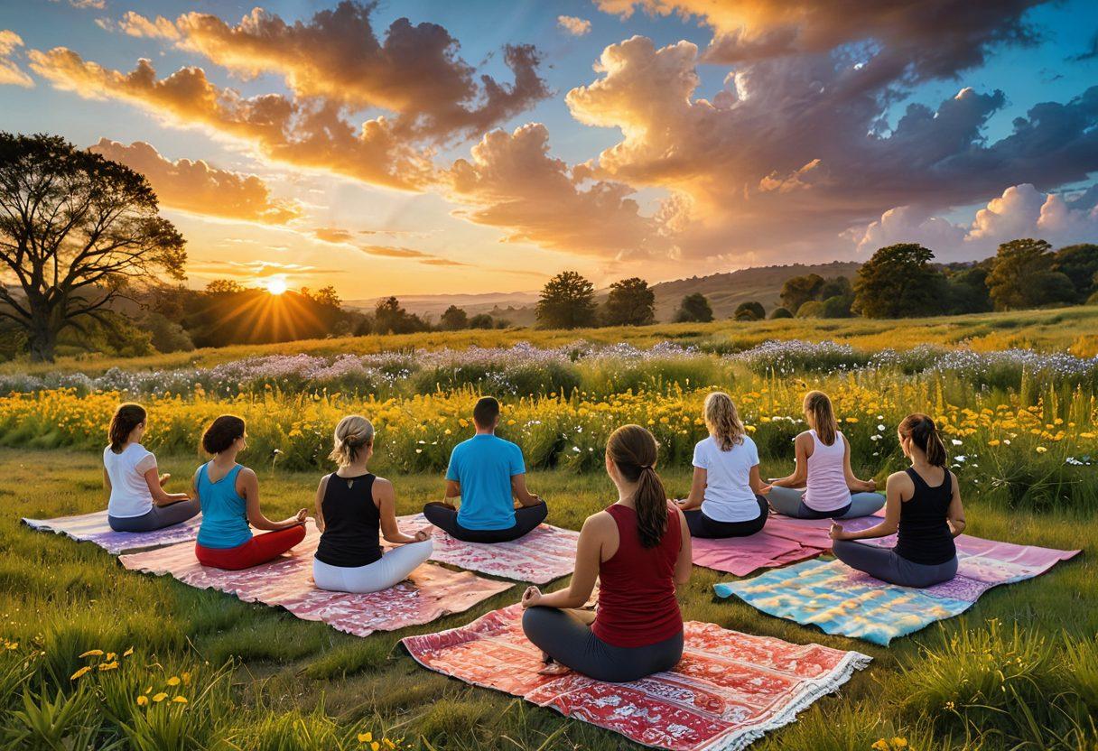 A serene landscape with a sunrise illuminating a peaceful meadow, where a diverse group of people practice various happiness-enhancing activities like yoga, journaling, and laughter. Brightly colored flowers bloom in the foreground, symbolizing joy and positivity. Include soft, uplifting clouds in the sky, creating a tranquil atmosphere. super-realistic. vibrant colors. harmonious composition.