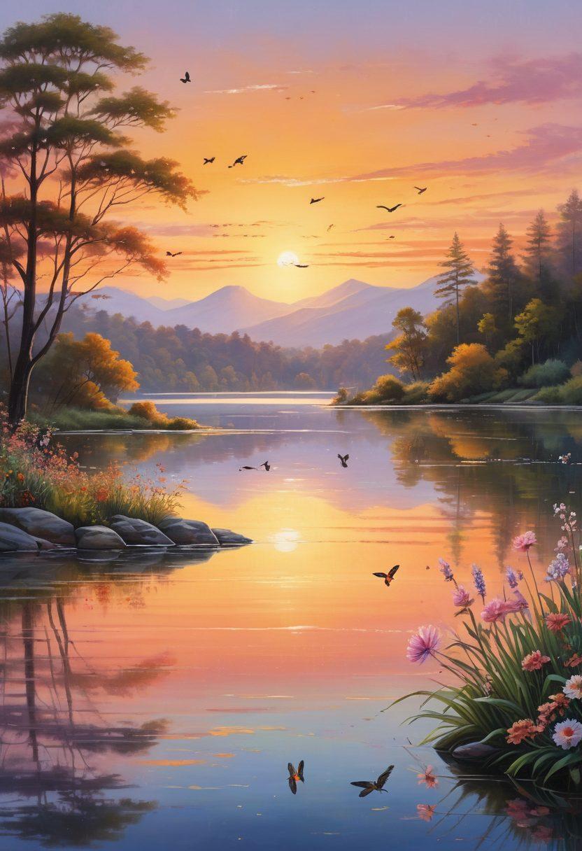 A serene landscape depicting a vibrant sunrise over a tranquil lake, with silhouettes of diverse people practicing mindfulness and engaging in joyful activities. Incorporate elements like blooming flowers and soft wildlife to symbolize harmony and inner peace. The scene should radiate warmth, inviting smiles and a sense of community. pastel color palette. super-realistic. warm lighting.